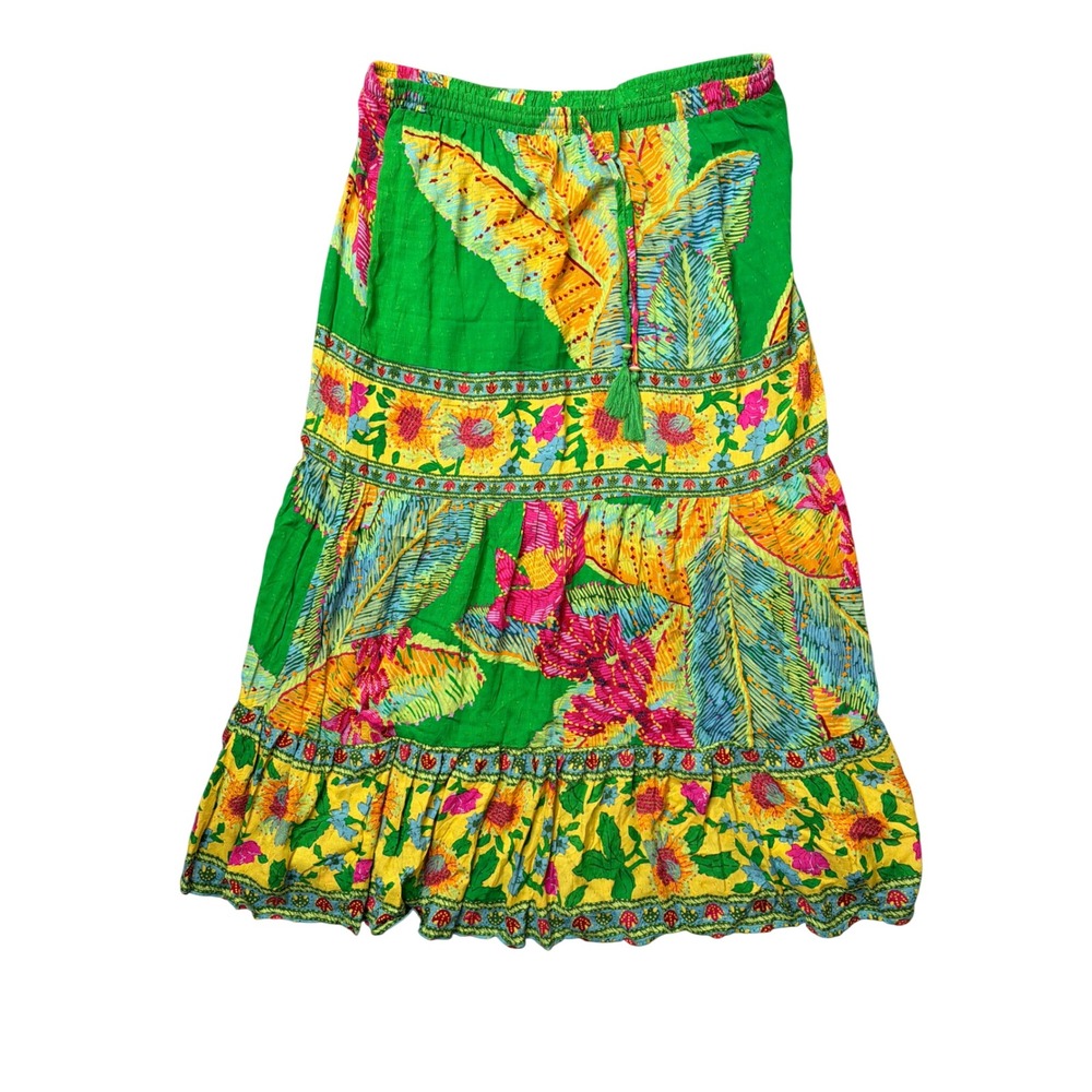 Cynthia Rowley Skirt Womens M Tiered Maxi Green Tropical Floral Rayon Boho